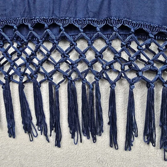 Mud Pie Women Navy Blue Halter Dress Macrame Fringe Hem Boho Summer Size M 8-10 - Picture 5 of 13